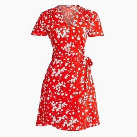 J. CREW Short Sleeve Floral Print Wrap Dress Red/Orange Women’s Size 2 - Picture 1 of 8